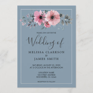 Convites Flores de aquarela russas azul poeirento Casamento