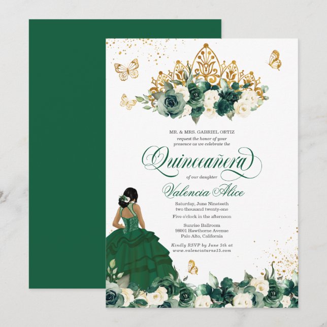 Convites Flores de Aquarela Verde Borboleta Quinceanera (Frente/Verso)