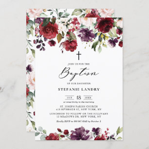 Convites Flores de Aquarela Vermelha e Púrpura Batismo