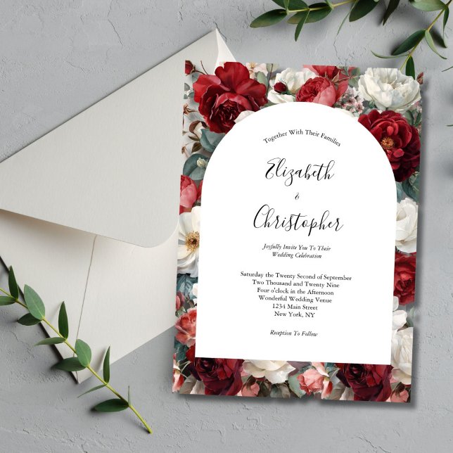 Convites Flores de Aquarela Vermelho Branco Elegantes (Red White Floral Wedding Invitation. Elegant and Modern. Arch Shape)