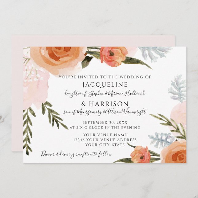 Convites Flores De Aquarelas Blush Foliage Casamento (Frente/Verso)