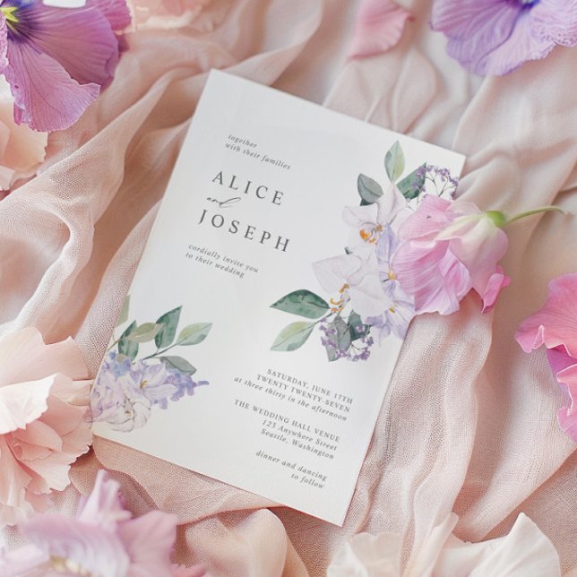 Convites Flores de Aquarelas Roxas Elegantes e Verde (Elegant Purple Watercolor Flowers & Greenery Invitation)