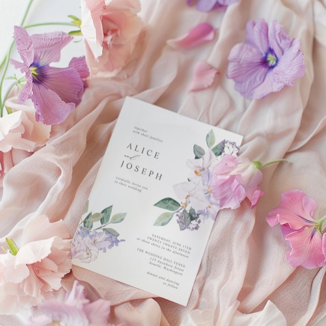 Convites Flores de Aquarelas Roxas Elegantes e Verde (Elegant Purple Watercolor Flowers & Greenery Invitation)