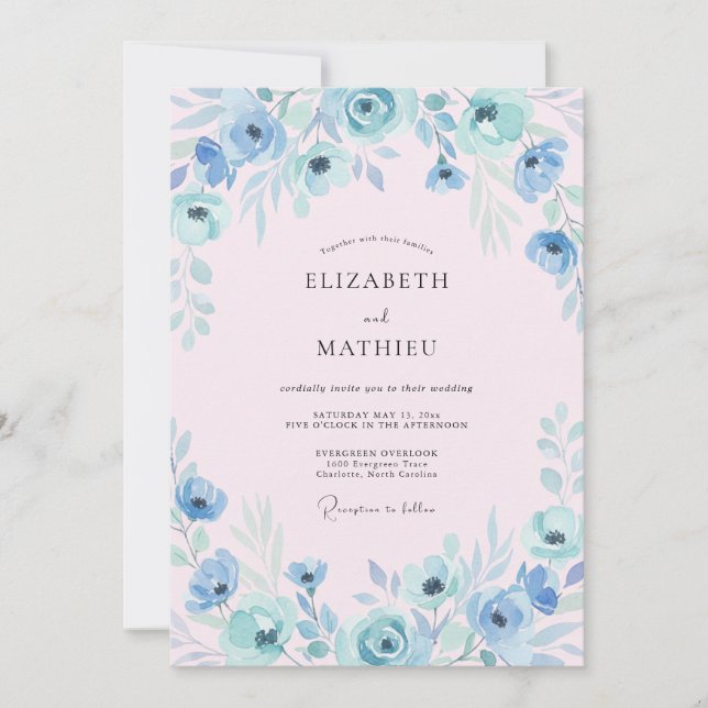 Convites Flores de Arquitetura de Casamento em Azul Empoeir (Frente)