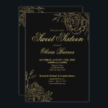Convites Flores de Arte de Linha Dourada e Preta, Doce 16<br><div class="desc">Black and Dourado Sweet 16 Invitation com flores elegantes e esboçadas. O design floral chico apresenta desenhos finos de linhas botânicas de flores e folhas em ouro,  juntamente com a tipografia de escrita clássica.</div>