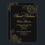 Convites Flores de Arte de Linha Dourada e Preta, Doce 16<br><div class="desc">Black and Dourado Sweet 16 Invitation com flores elegantes e esboçadas. O design floral chico apresenta desenhos finos de linhas botânicas de flores e folhas em ouro,  juntamente com a tipografia de escrita clássica.</div>