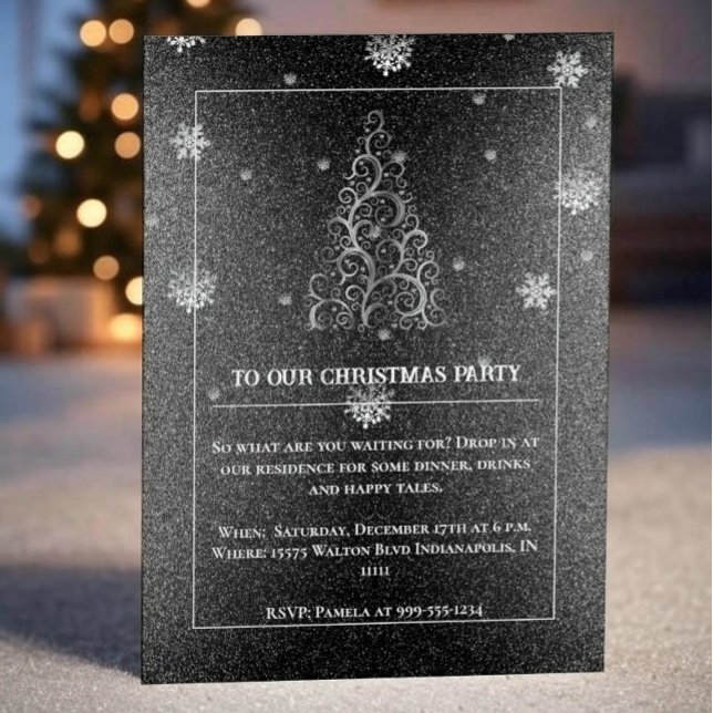 Convites Flores de Árvore de Natal e Flocos de Neve | Prata (Silver Christmas Tree Glitter and Snowflakes Party Invitation)