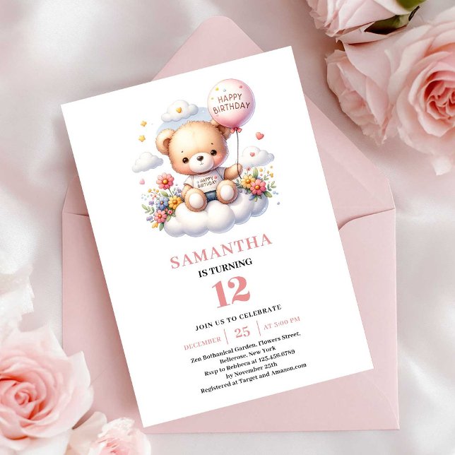 Convites Flores de balão de ursinho fofo aniversário de men (Sweet teddy bear balloon flowers girl birthday invitation

)