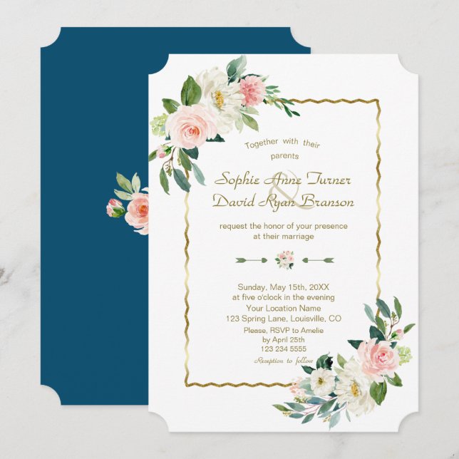 Convites Flores de Blush Aquarela Dourado Casamento Azul Ma (Frente/Verso)