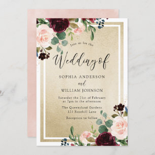 Convites Flores De Blush De Vinho Vermelho E Casamento Dour
