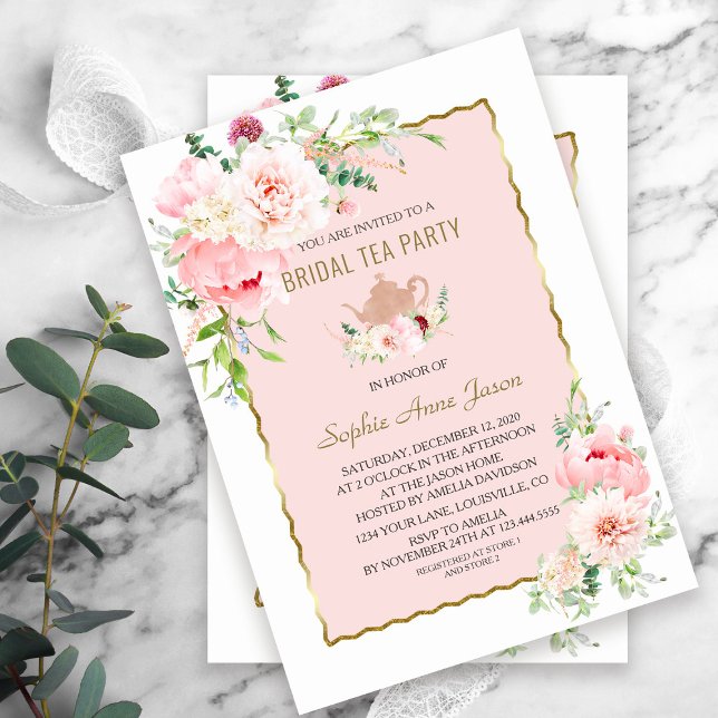 Convites Flores de Blush Douradas Frame Festa de Chá Bridal (elegant trendy gold pink flowers bridal tea party invitation)