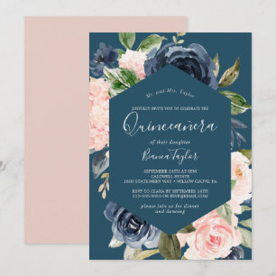 Convites Flores de Blush e Marinho   Blue Quinceañera