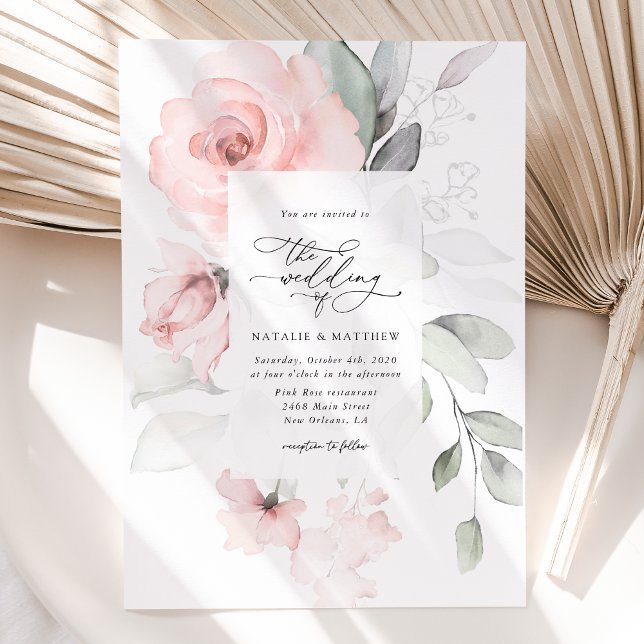 Convites Flores De Blush, Flores Rosa, Verde, Casamento (Criador carregado)