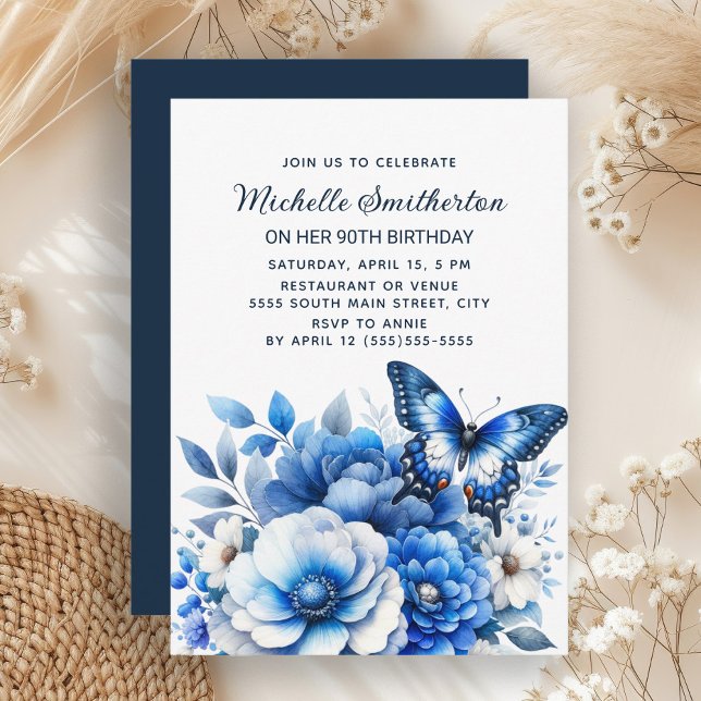 Convites Flores de Borboleta Azul 90 Elegante Aniversário (Blue floral and butterfly 90th birthday party invitation)