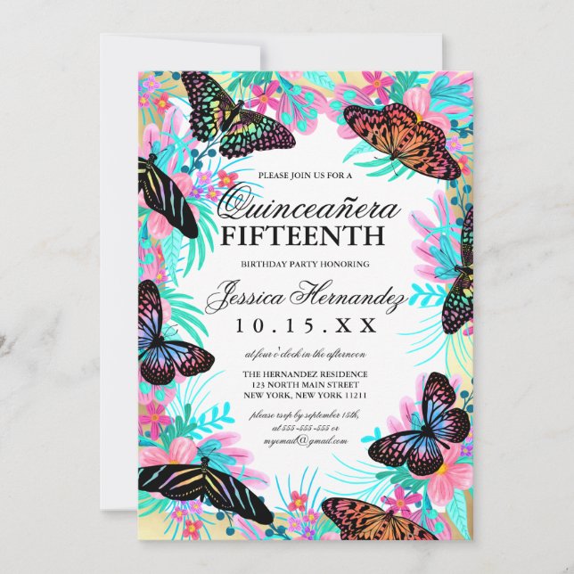 Convites Flores De Borboleta Deixam Aquañera Quinceañera (Frente)
