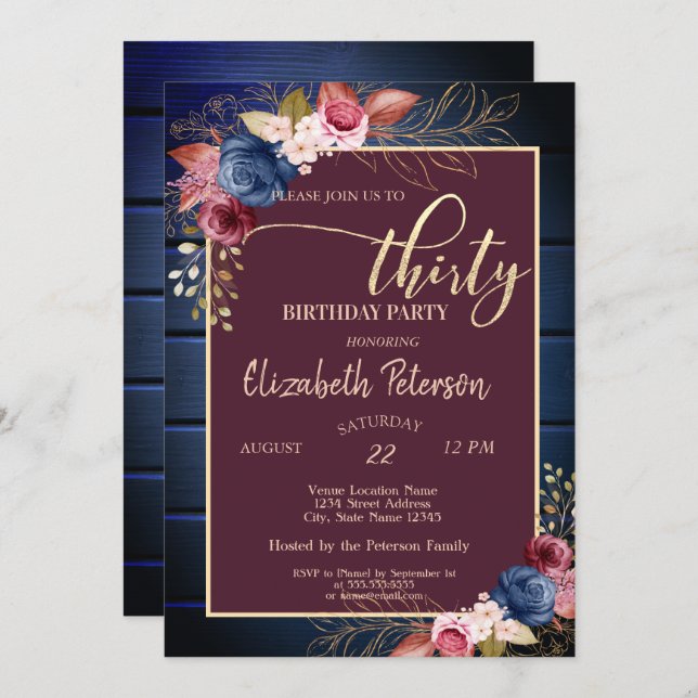 Convites Flores de Borgonha Marinho aniversário de 30 anos  (Frente/Verso)
