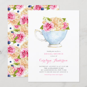 Convites Flores de Buquê de Teacup de Aquarela Bridal Brunc