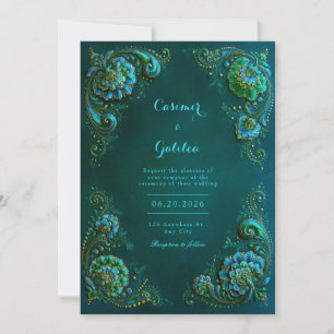 Convites Flores de Canto em Esmeralda Turquesa para Casamen
