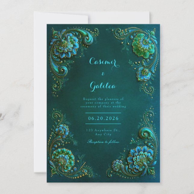 Convites Flores de Canto em Esmeralda Turquesa para Casamen (Frente)