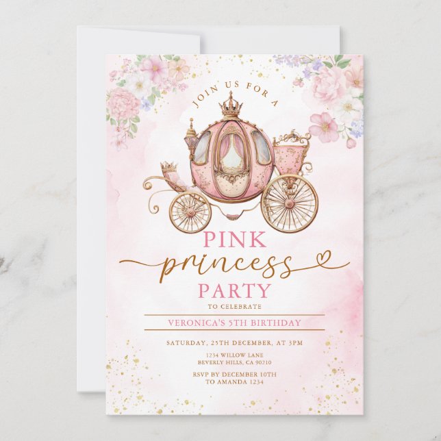 Convites Flores de Carruagem de Aniversário da Princesa Ros (Frente)