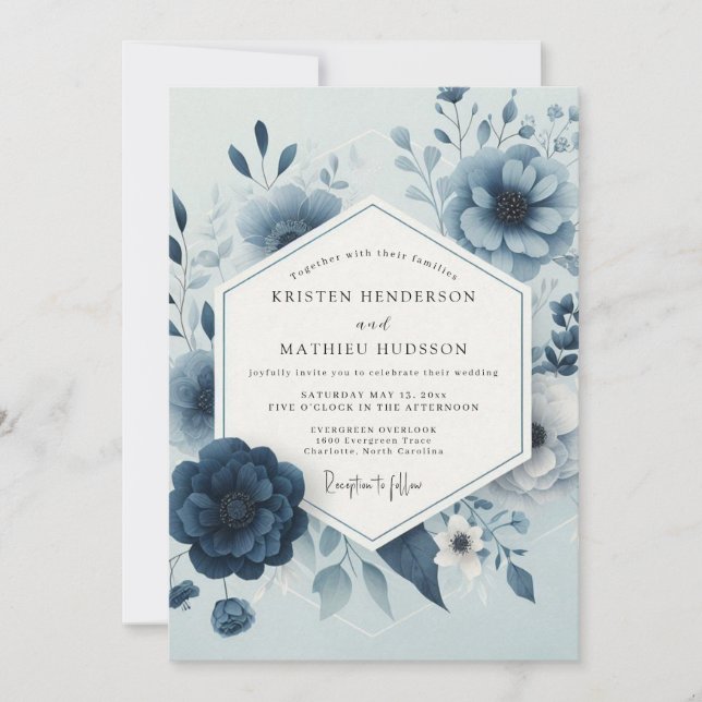 Convites Flores de Casamento Caprichosas Azul Ardósia (Frente)
