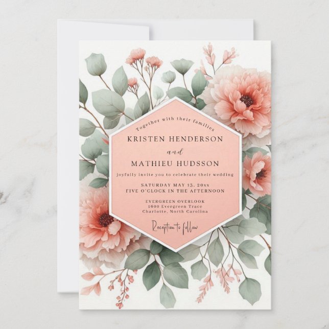 Convites Flores de Casamento Coral Blush Botânico (Frente)