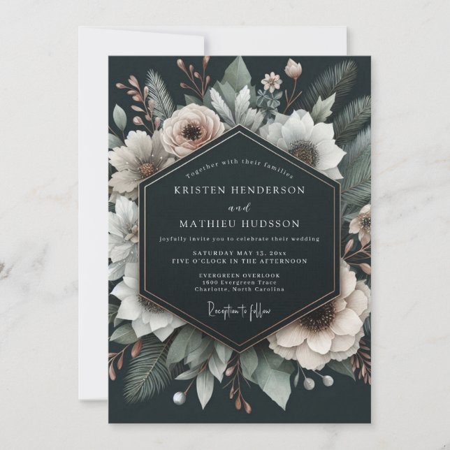 Convites Flores de Casamento em Alabastro e Carvão (Frente)