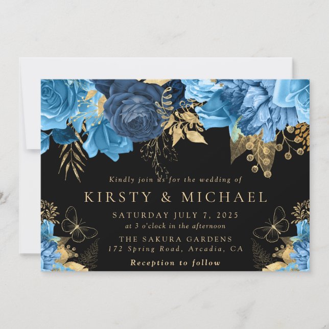 Convites Flores de casamento em aquarela azul e dourado (Frente)