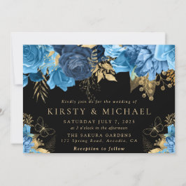 Convites Flores de casamento em aquarela azul e dourado