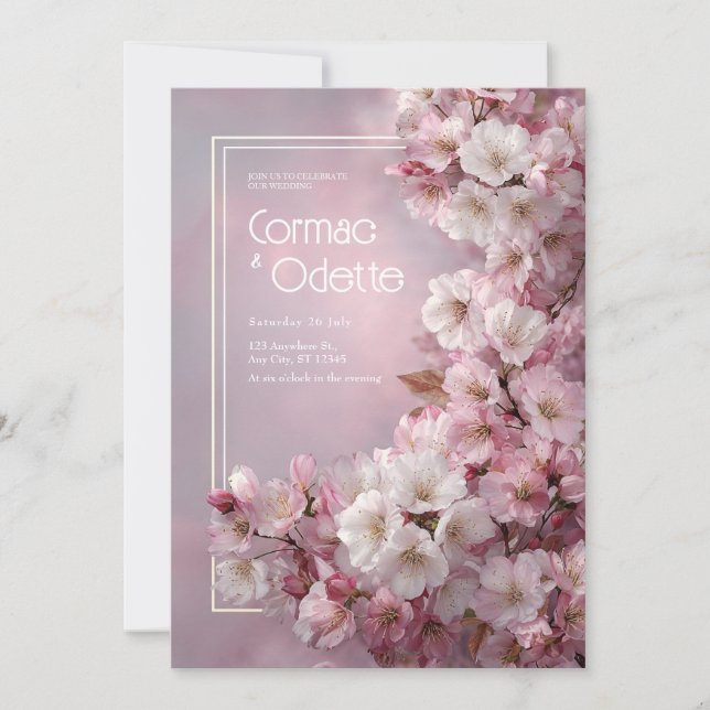 Convites Flores de Cerejeira Brancas Dourado Quadro Românti (Frente)