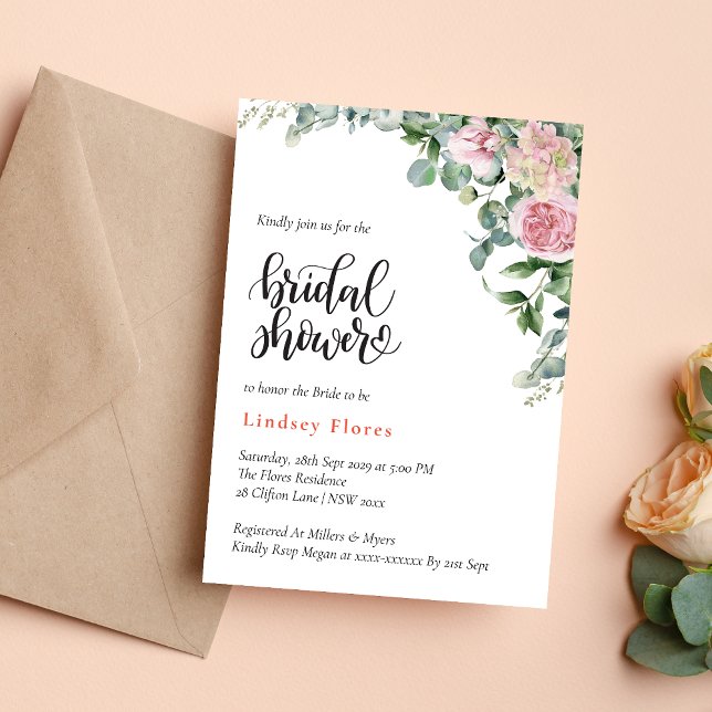 Convites Flores de Chuva de Noiva com Verdura de Rosa (Floral rose greenery invitation creates a fresh, romantic tone for your bridal shower)