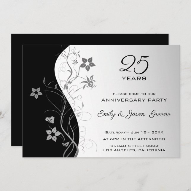 Convites Flores De Cinzas Pretas E Prateadas (Frente/Verso)