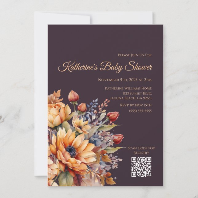 Convites Flores De Cobra De Aquarela-chá de fraldas-Roxo (Frente)