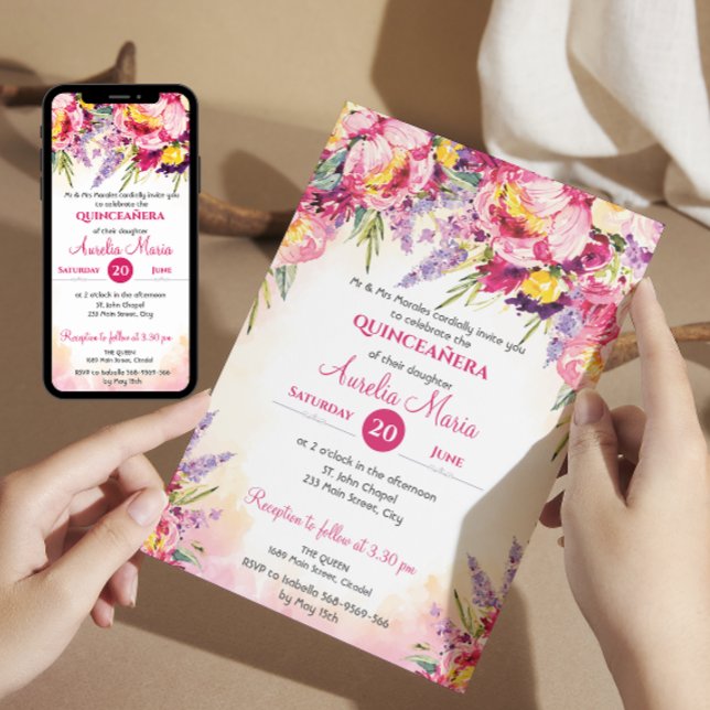 Convites Flores de cor aquosa elegantes Quinceañera (Criador carregado)