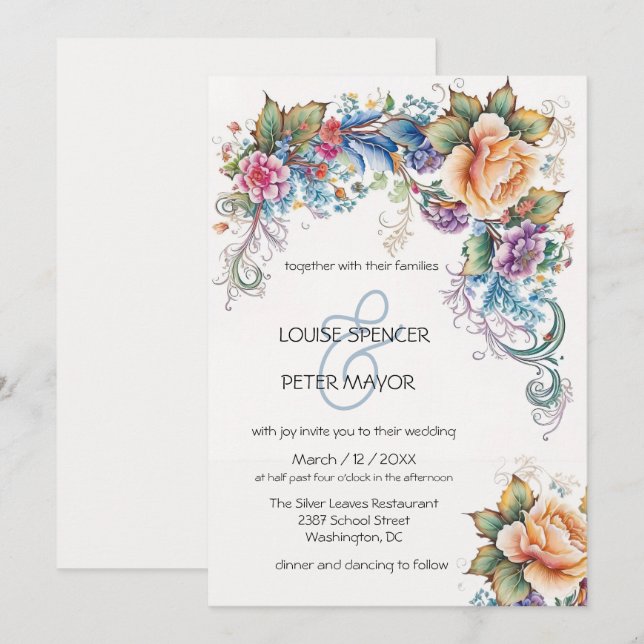 Convites Flores de cor azul clara e pêssego Invita Casament (Frente/Verso)