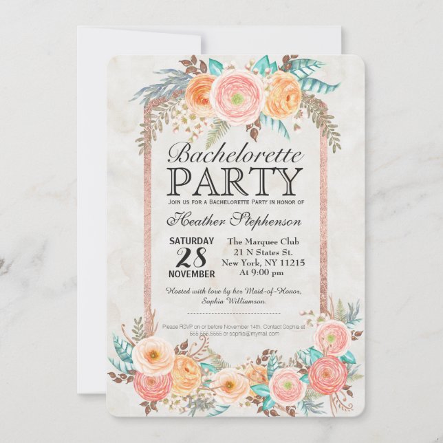 Convites Flores de Coral de Aquarela e Bachelorette Dourada (Frente)