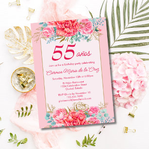 Convites Flores de Coral Rosa Aniversário de 55 anos Espanh