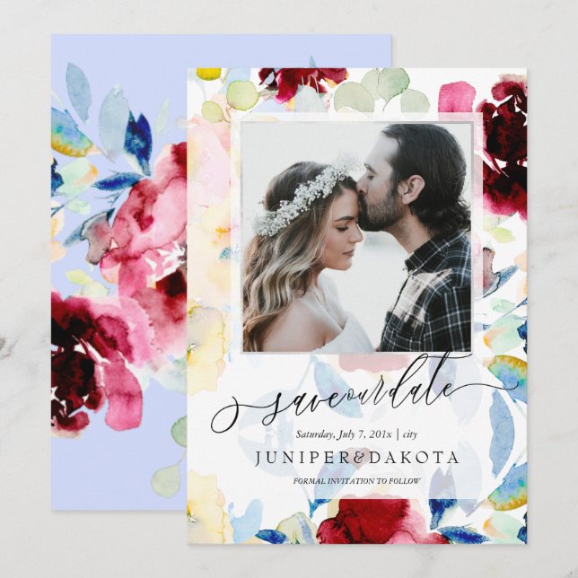 Convites Flores de Cores Aquáticas PixDezines Borgonha+Azul (Frente/Verso)