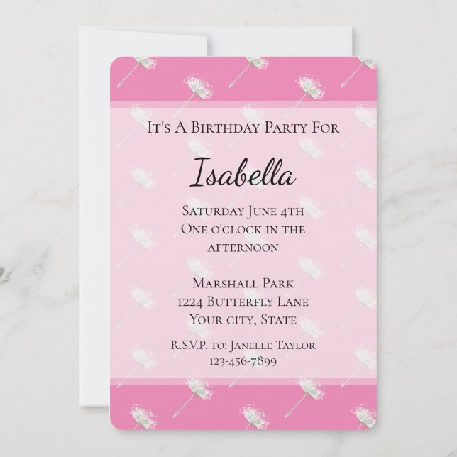 Convites Flores de Dente-de-Leão Rosa Chic Aniversário (Verso)