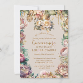 Convites Flores de Diamantes Douradas da Coroa Quinceanera