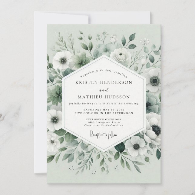 Convites Flores de Elegância em Verde Sálvia Casamento (Frente)