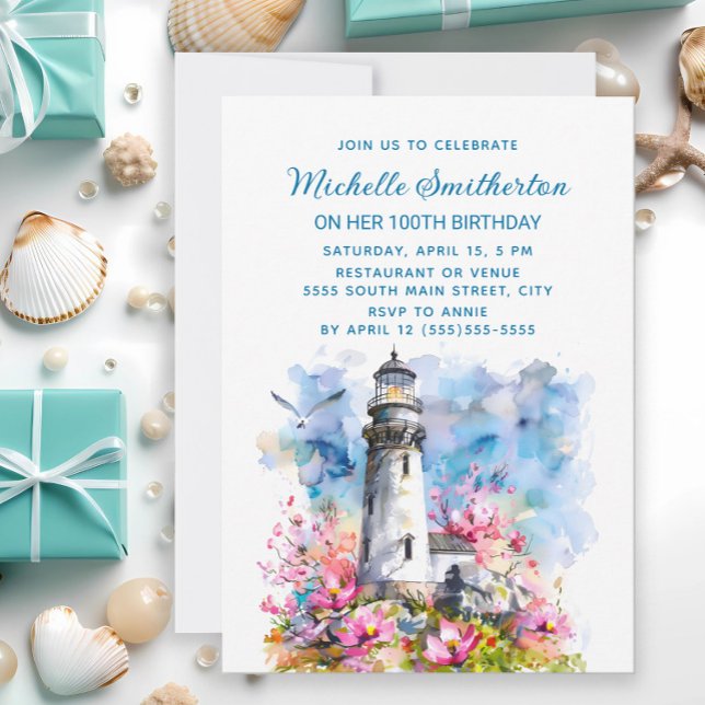 Convites Flores de Farol Rosa 100º Aniversário (Lighthouse and cherry blossoms birthday party invitation)