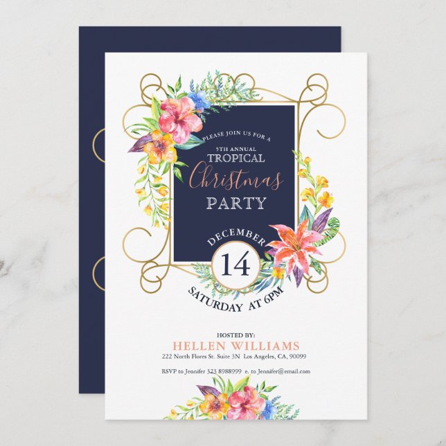Convites Flores de férias tropicais e quadro Dourado (Frente/Verso)