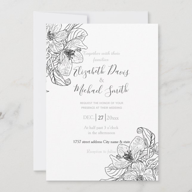 Convites Flores de Flor de Cereja Negra Botânica Branca (Frente)