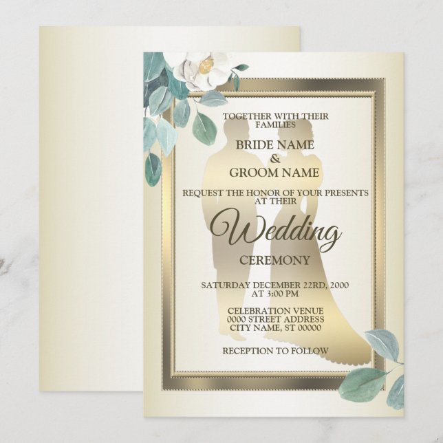 Convites Flores de Folhas Verdes Quadro Dourado Casamento E (Frente/Verso)