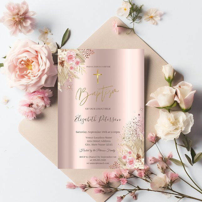 Convites Flores de Grama Cruzadas Douradas Flores de Batism (Criador carregado)