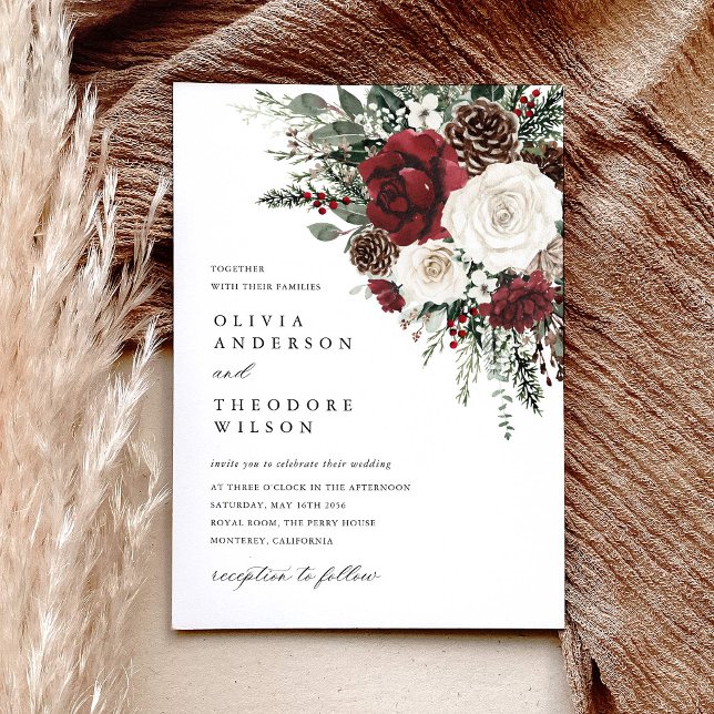 Convites Flores de Inverno Burgundy Elegante Casamento (Burgundy winter floral wedding invitation pinecone ivory rustic elegant watercolor invite)