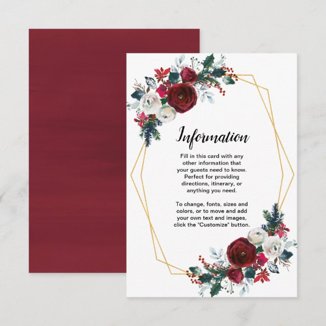 Convites Flores de Inverno Burgundy em Moldura Dourada Geom (Frente/Verso)