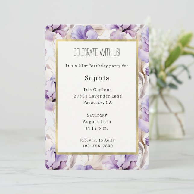 Convites Flores de Íris Creme Roxo Lavanda Aniversário (Em pé/Frente)
