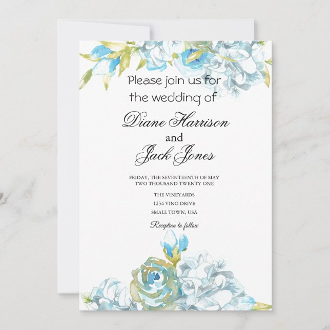 Convites Flores de Jardim Azul Casamento (Frente)